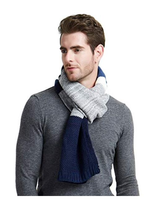 Winter Knit Scarf for Men, Cashmere Feel Wool Blend Long Scarf Color Block Striped Patchwork Soft Fashion Scarves