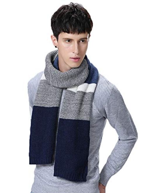 Winter Knit Scarf for Men, Cashmere Feel Wool Blend Long Scarf Color Block Striped Patchwork Soft Fashion Scarves