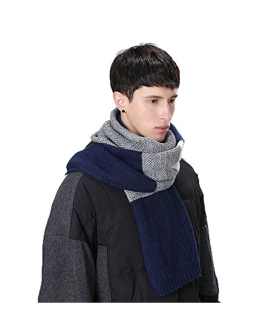Winter Knit Scarf for Men, Cashmere Feel Wool Blend Long Scarf Color Block Striped Patchwork Soft Fashion Scarves