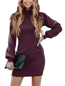 Women Turtleneck Long Sleeve Knit Stretchable Elasticity Slim Sweater Bodycon Mini Sweater Dress
