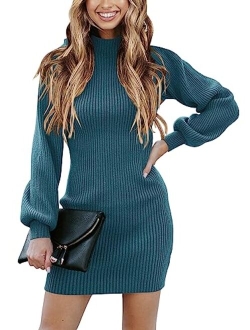 Women Turtleneck Long Sleeve Knit Stretchable Elasticity Slim Sweater Bodycon Mini Sweater Dress
