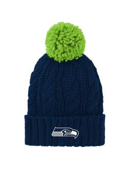 Girls Youth College Navy Seattle Seahawks Cable Cuffed Knit Hat with Pom