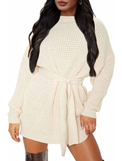 Women's Long Sleeve Solid Color Waffle Knitted Tie Wasit Tunic Pullover Sweater Dress
