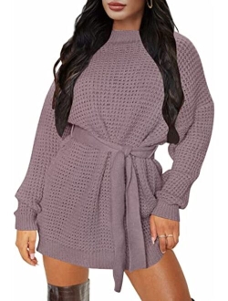 Women's Long Sleeve Solid Color Waffle Knitted Tie Wasit Tunic Pullover Sweater Dress