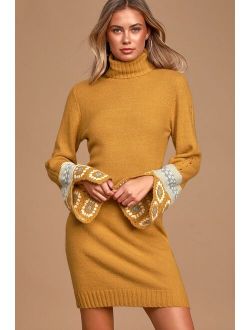 It's Groovy Mustard Yellow Multi Knit Turtleneck Sweater Dress