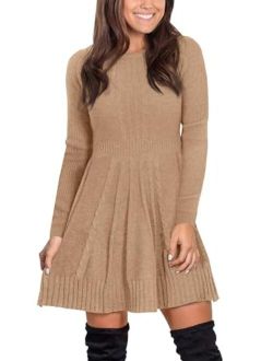 Maisolly Women's Knitted Crewneck Fit and Flare Sweater Dress