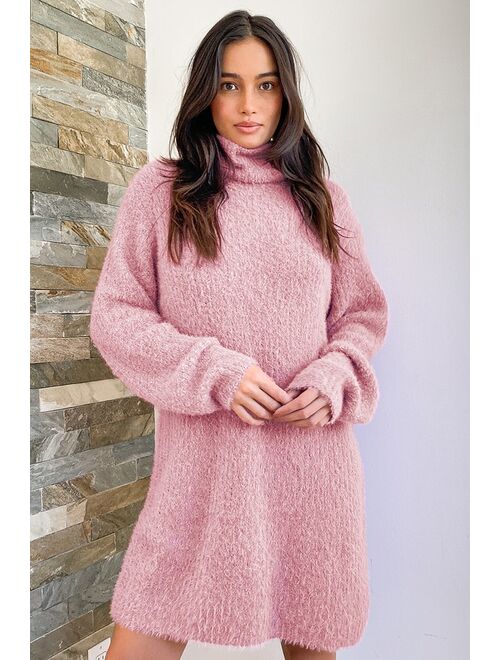 Lulus Sweet Whispers Mauve Multi Eyelash Knit Turtleneck Sweater Dress