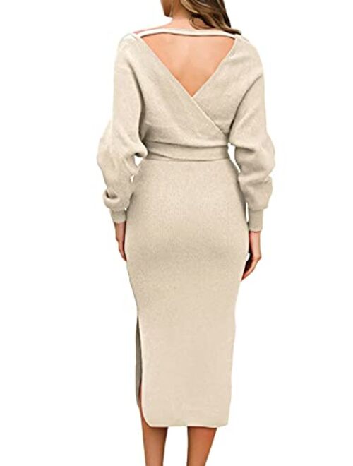 Linsery Women Wrap Sweater Dress Elegant V Neck Long Batwing Sleeve Slim Fit Slit Knit Long Dress with Belt