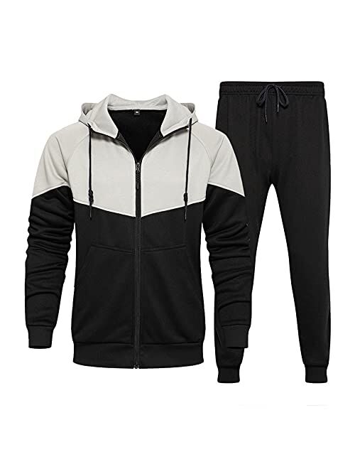 Runcati Mens Tracksuit Sweatshirt and Joggers Color Block Sweatsuit 2 Pcs Sports Set