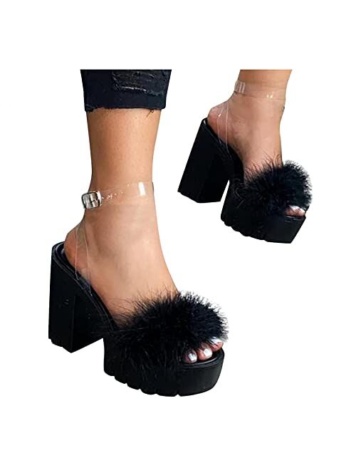 Aniywn Womens Platform Faux Fur Sandals Chunky Heel Open Toe Ankle Strap Summer High Heeled Dress Pumps Shoes