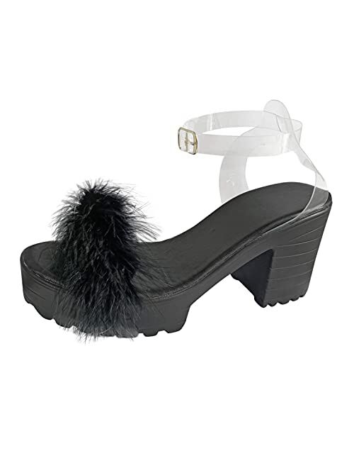 Aniywn Womens Platform Faux Fur Sandals Chunky Heel Open Toe Ankle Strap Summer High Heeled Dress Pumps Shoes