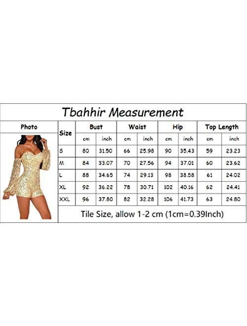 Tbahhir Women's Sequin Off Shoulder Long Sleeve Bodycon Rompers Short Pants Jumpsuit Party Playsuit