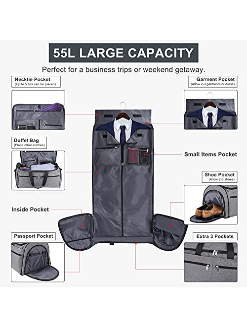 Carry on Garment Bag for Business Travel, Bukere Convertible Travel Duffel Bag with Shoe Compartment, Detachable Shoulder Strap, 2 in 1 Weekender Suit Bag for Men Women