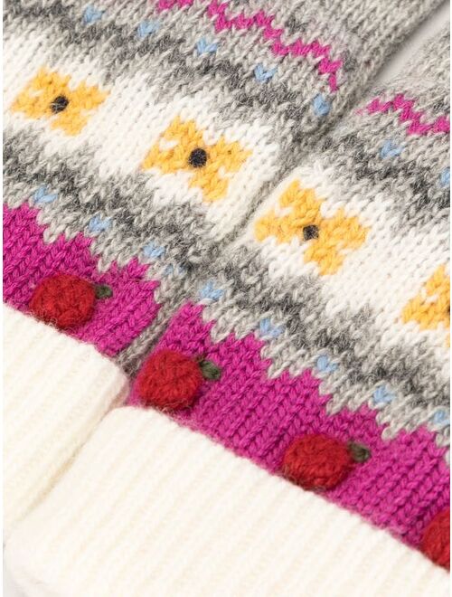 intarsia knit apple motif gloves