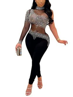 WOKANSE Women One Piece Outfits Sexy Mesh See Through Rhinestone One Shoulder Bodycon Trousers Romper Back Zip Jumpsuit