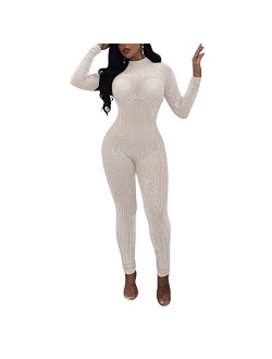 MS Mouse Womens Sexy Mesh See Through Rhinestone Bodycon Club Jumpsuit Romper