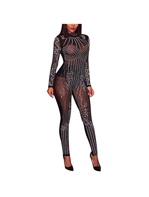 MS Mouse Womens Sexy Mesh See Through Rhinestone Bodycon Club Jumpsuit Romper