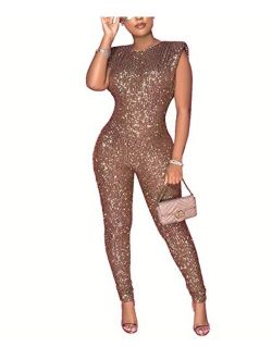 THLAI Women Sexy Glitter Sequins Sparkling Jumpsuits Sleeveless Metallic Shiny One Piece Outfits Romper Clubwear Playsuit