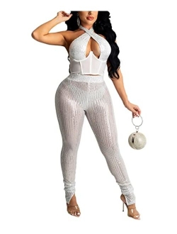 THLAI Women Sexy Glitter Sequins Sparkling Jumpsuits Sleeveless Metallic Shiny One Piece Outfits Romper Clubwear Playsuit