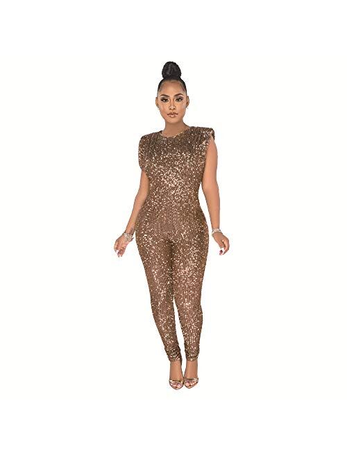THLAI Women Sexy Glitter Sequins Sparkling Jumpsuits Sleeveless Metallic Shiny One Piece Outfits Romper Clubwear Playsuit