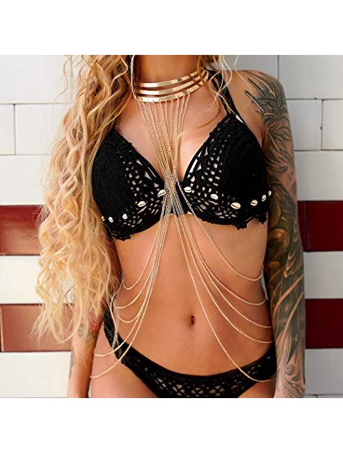 Nicute Gold Body Chain with Necklace Layered Bra Chains Summer Beach Body Jewelry for Women and Girls