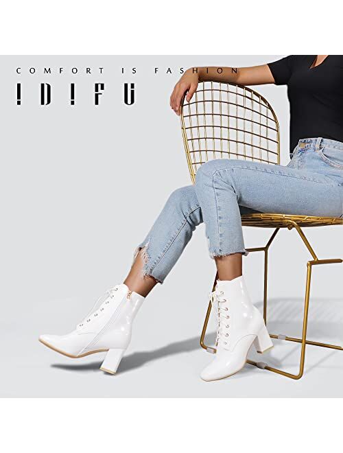 IDIFU Women's Square Toe Ankle Boots Low Block Heel Fashion Short Boots Lace Up Side Zipper Booties Shoes