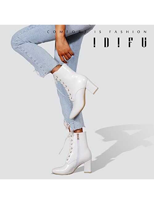 IDIFU Women's Square Toe Ankle Boots Low Block Heel Fashion Short Boots Lace Up Side Zipper Booties Shoes