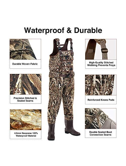 TIDEWE Chest Waders with Boots Hanger for Men, Realtree MAX5 Camo Waterproof Fishing Bootfoot Waders, Neoprene Chest Waders for Hunting with Removable Shell Holder Belt