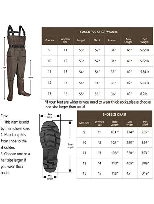 KOMEX Chest Waders, Waterproof Fishing Waders with Wading Belt and Thickened Boots Breathable Nylon and PVC Bootfoot Waders for Men and Women