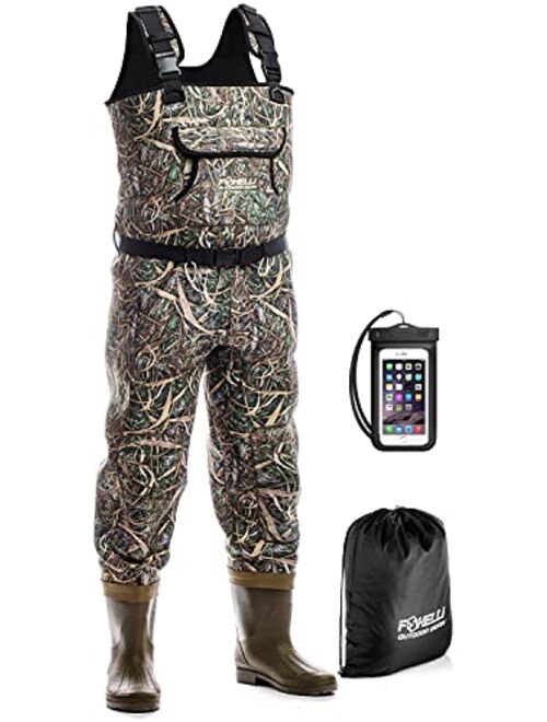 Foxelli Chest Waders – Camo Neoprene Hunting & Fishing Waders for Men & Women with Boots, Waterproof Bootfoot Waders with Belt, Carrying Bag Included