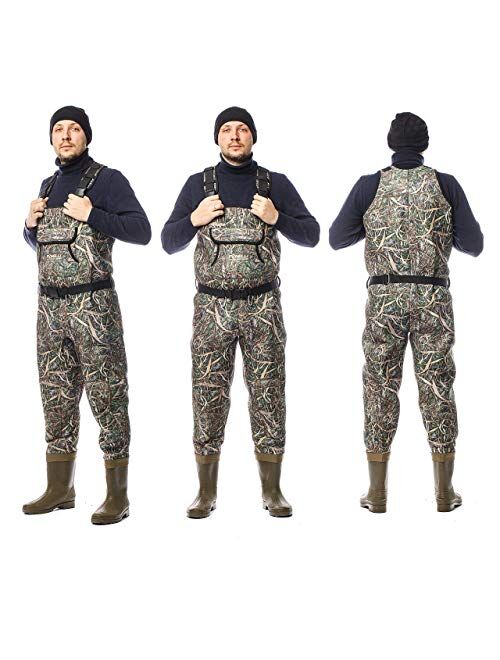 Foxelli Chest Waders – Camo Neoprene Hunting & Fishing Waders for Men & Women with Boots, Waterproof Bootfoot Waders with Belt, Carrying Bag Included