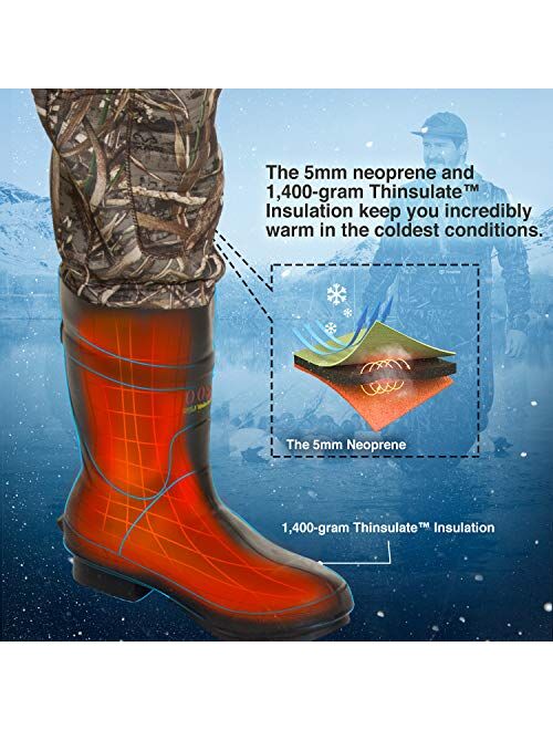 TIDEWE Hunting Wader, 5mm Neoprene Chest Waders with 1400 Gram Insulation Rubber Boots, Waterproof and Durable Seam Sealed Bootfoot Chest Wader for Fishing and Hunting (R