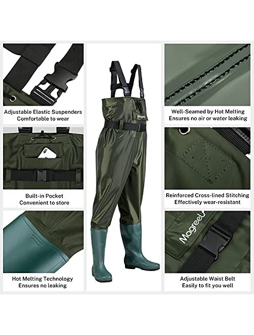 Magreel Chest Waders, Hunting Fishing Waders for Men Women with Boots, Waterproof Bootfoot 70D Nylon Wader for Duck Hunting Fly Fishing, Size 7-Size 14 Green