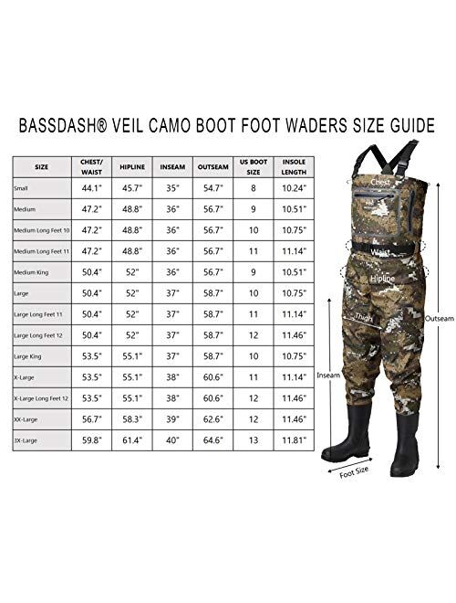BASSDASH Breathable Ultra Lightweight Veil Camo Chest Stocking Foot Fishing Hunting Waders for Men