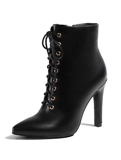 Women's Fashion High Heel Stiletto Ankle Boots Pointed Toe Side Zipper Lace Up Booties Dress Shoes for Women