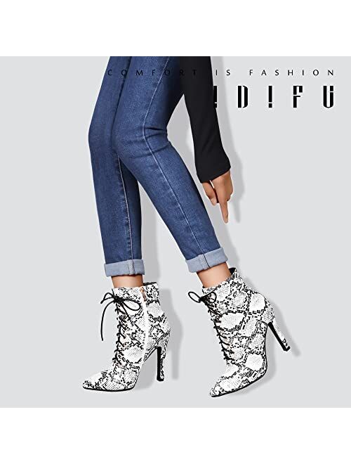 IDIFU Women's Fashion High Heel Stiletto Ankle Boots Pointed Toe Side Zipper Lace Up Booties Dress Shoes for Women