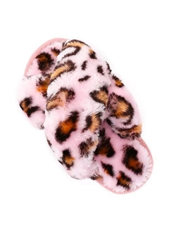 ISZPLUSH Fluffy Slippers Kids' Fuzzy Slippers Sandals Leopard Tie Dye Cross Band Plush Open Toe Slip on House Bedroom Slippers