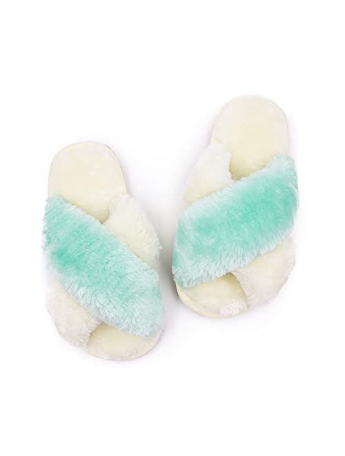 ISZPLUSH Fluffy Slippers Kids' Fuzzy Slippers Sandals Leopard Tie Dye Cross Band Plush Open Toe Slip on House Bedroom Slippers
