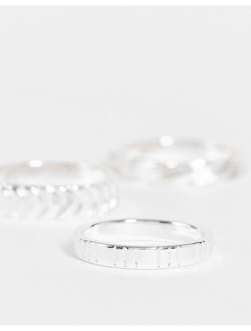 Asos Design 3 pack band ring set with line detail in real silver plate