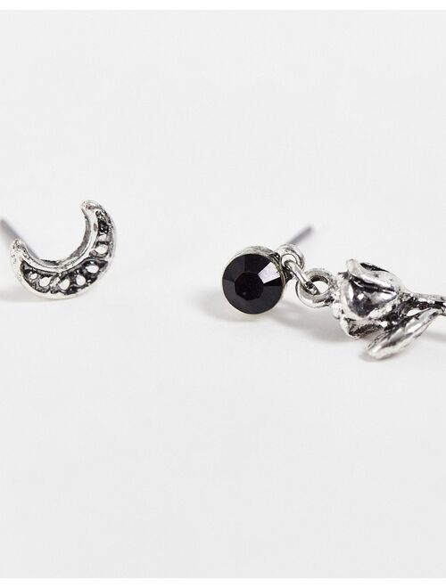 Asos Design stud earrings pack with asymmetric rose and moon design in silver tone