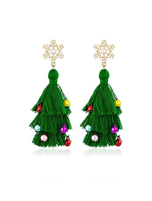 OFGOT7 Lightweight Christmas Tree Tassel Beaded Earrings, Bohemian Dangle Drop Green Earrings, Twined with Colored Beads Earring for Women Girls Gift