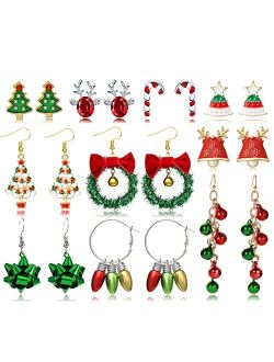 6/7/9/13/9Pairs Christmas Earrings for Women Holiday Earrings Bow Knot Snowflake Jingle Bell Reindeer Chrismtas Earrings for Girl Cute Xmas Party Gifts