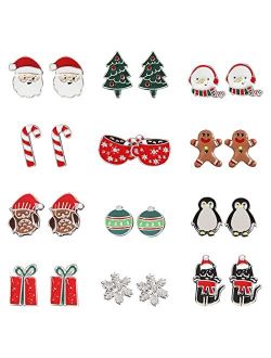 12 Pairs Christmas Stud Earrings Set Christmas Earrings for Women Christmas Tree Snowflake Candy Snowman Penguin Stud Earrings Christmas Gift