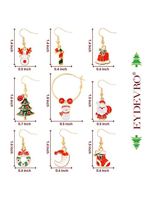 9 Pairs Christmas Earrings for Women EYDEVRO Holiday Dangle Earrings Set with Christmas Tree Bow Knot Snowflake Jingle Bell Design