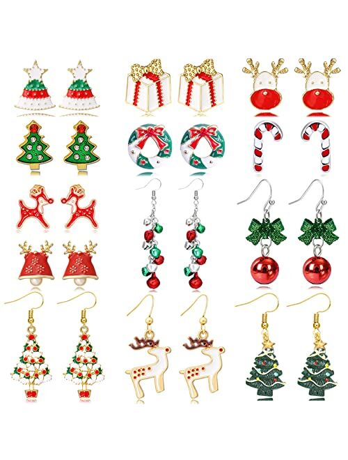 Frodete Holiday Earrings Variety Pack Christmas Earrings Set for Women Ornament earrings Jingle Bell Bow Earrings Christmas Jewelry Candy Cane earrings Xmas Jewelry