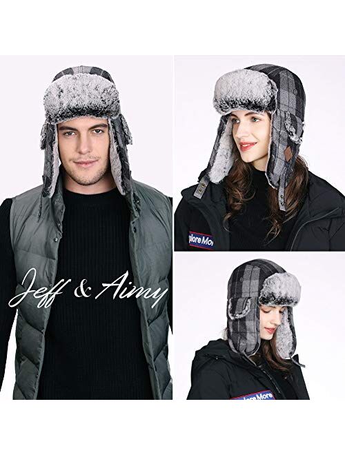 Jeff & Aimy Stylish Plaid Winter Wool Trapper Faux Fur Earflap Hunting Hat Ushanka Russian Cold Weather Thick Lined 55-61CM
