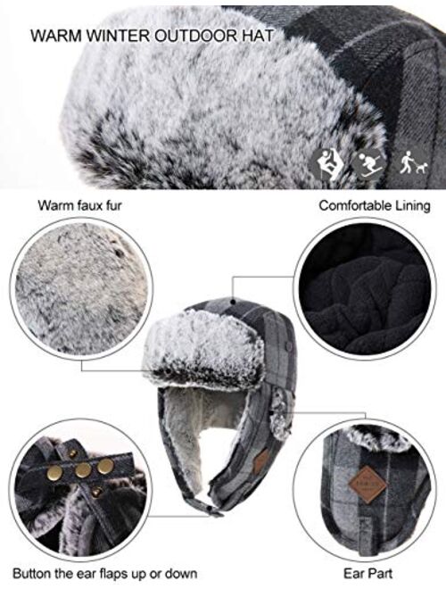 Jeff & Aimy Stylish Plaid Winter Wool Trapper Faux Fur Earflap Hunting Hat Ushanka Russian Cold Weather Thick Lined 55-61CM