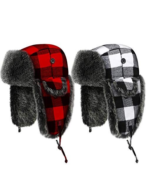 2 Pieces Christmas Ushanka Trooper Hat Unisex Plaid Winter Earflap with Windproof Chin Strap for Men Women