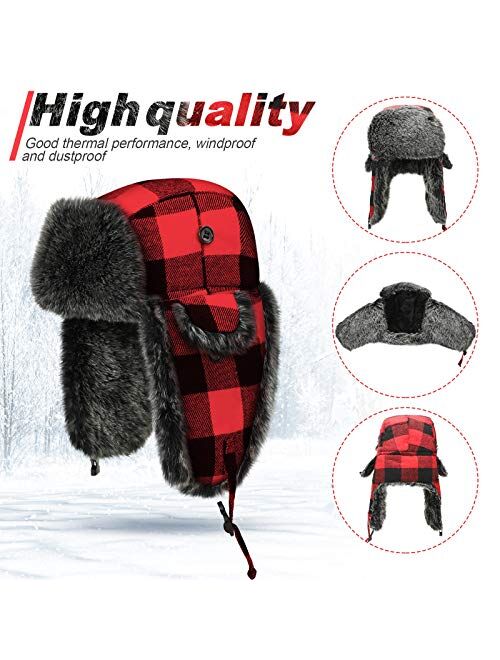 2 Pieces Christmas Ushanka Trooper Hat Unisex Plaid Winter Earflap with Windproof Chin Strap for Men Women