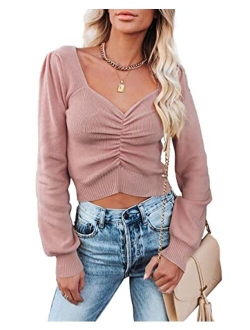 Womens Chic V Neck Long Sleeve Knit Ruched Tops Ribbed Off Shoulder Crop Pullover Sweater